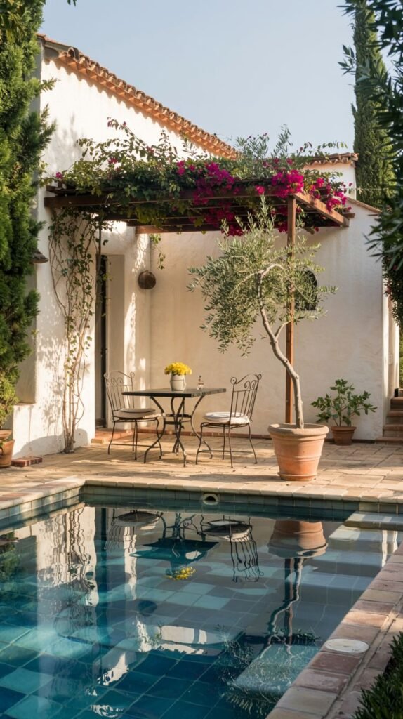 A small rectangular pool with blue and patterned tiles on the floor is set in a courtyard. A small round table with chairs is placed next to the pool under a wooden pergola covered in vines with pink flowers. An olive tree in a pot is also by the table. A white stucco building is in the background.