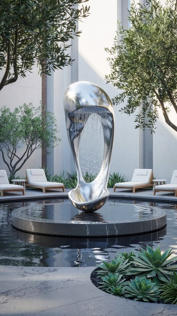 A large modern sculpture fountain stands in a round pool of water. The sculpture is silver and abstract, with water dripping from it. Lounge chairs are arranged around the pool area, and trees and a building are visible in the background. Succulent plants are in the foreground.