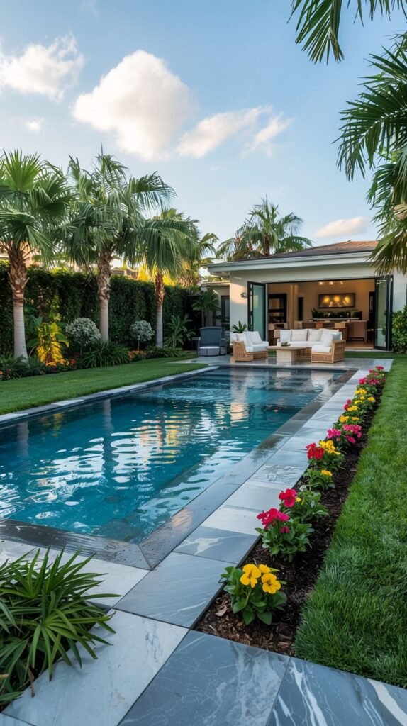 A long, rectangular pool is surrounded by grey stone coping and a grassy lawn. Lush landscaping, including tall palm trees and colorful flowers in red and yellow, lines the pool and a back hedge. A patio area with outdoor seating is visible beyond the pool, accessed through open glass doors to a building.