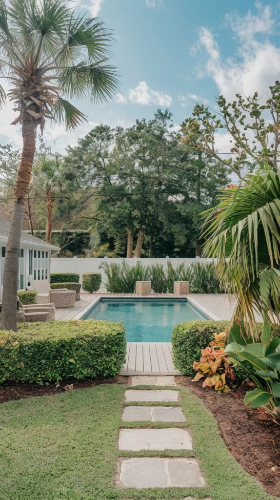 A rectangular pool with a wooden deck surround is viewed from a grassy area with stepping stones. The pool is bordered by hedges and features outdoor furniture on the deck. Palm trees are visible in the foreground and background, and a white structure is to the left.