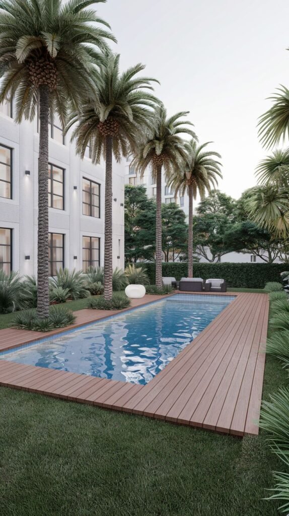 A long, rectangular pool is bordered by a wooden deck and grass. Four tall palm trees stand in a line next to the pool, in front of a large white building with multiple windows. Outdoor seating is arranged on the wooden deck.