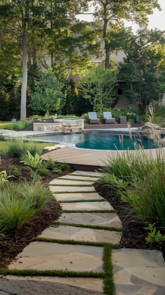 A curved walkway made of large, irregularly shaped stepping stones set in grass leads towards a pool with a wooden deck. The pool has a rock feature with water flowing over it in the background. Lush landscaping and trees surround the area.