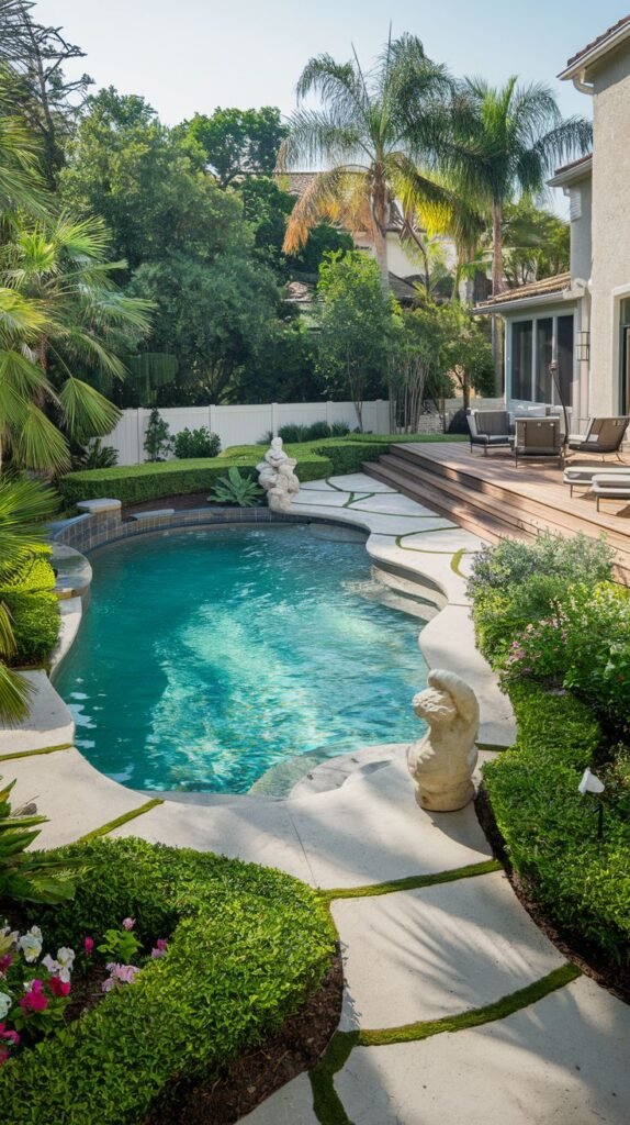 A curved pool is surrounded by white stone coping and lush green hedges dotted with pink flowers. Two white statues are placed along the pool edge. A wooden deck area with loungers is visible in the background, next to a house with large glass doors. Palm trees are in the background.