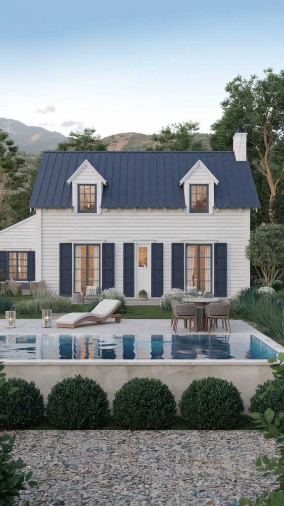 A white farmhouse or country cottage style house with a dark blue metal roof, dormer windows, and blue shutters, set against a mountain backdrop, featuring a modern swimming pool and outdoor dining area.
