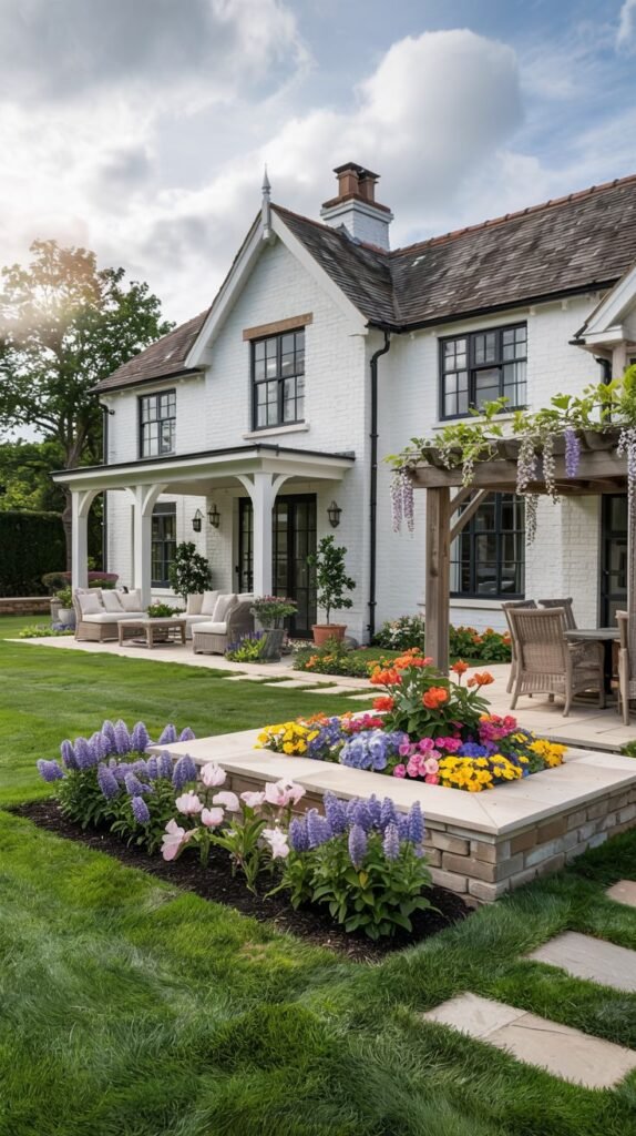 A white brick house, styled like a farmhouse or large cottage, with a covered patio and a wooden pergola, featuring a modern raised garden bed overflowing with colorful flowers, and outdoor dining and seating areas.