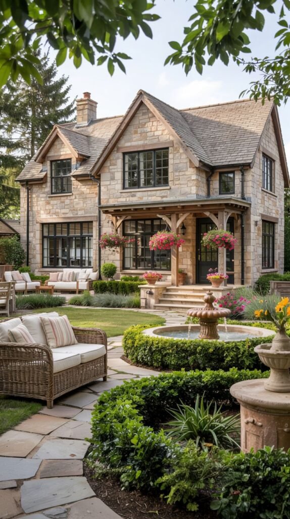 A large stone house, resembling a substantial farmhouse or large cottage, with a covered porch featuring hanging flower baskets, a winding stone path, and a multi-tiered fountain, set within a manicured garden. The overall impression is traditional with modern landscaping.