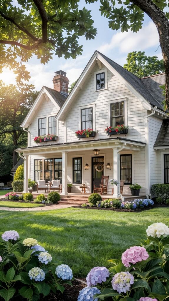 A white house with a prominent gable, appearing as a classic farmhouse or large cottage, featuring a covered porch with rocking chairs, window boxes filled with red flowers, and extensive flower gardens in various colors. It presents a traditional look, potentially a modern farmhouse design.