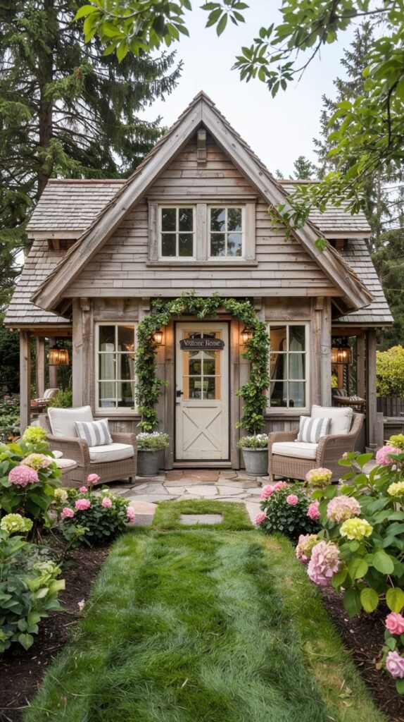 A small wooden cottage with a covered porch decorated with vines, a "Welcome Home" sign on the door, featuring comfortable outdoor seating and vibrant flower gardens, embodying a charming cottage style, possibly with modern construction.