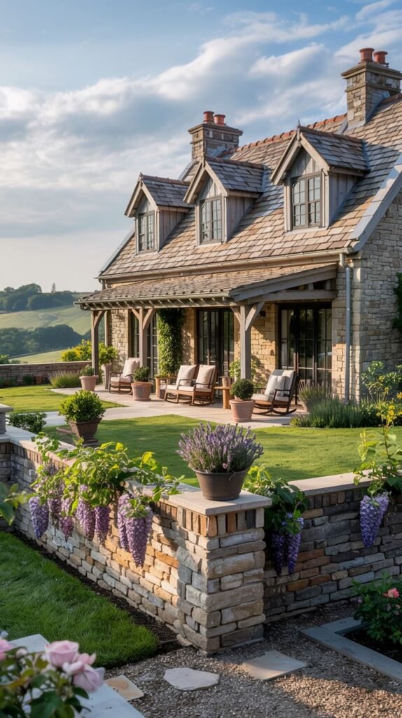A large stone house, characteristic of a substantial farmhouse, with a covered porch supported by wooden posts, overlooking a large lawn and a stone retaining wall adorned with plants, representing traditional farmhouse architecture with modern landscape elements.
