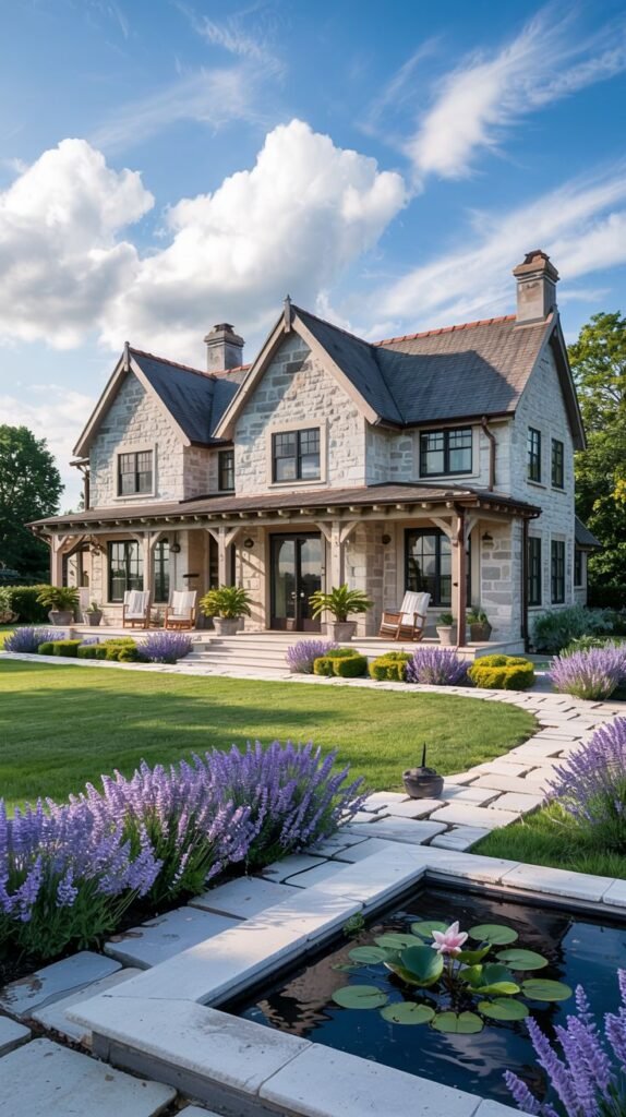A large stone house, a grand farmhouse or country estate, with a covered porch supported by wooden posts, a winding stone path, and a square pond with a lily pad, set within a spacious lawn and purple flowers. The landscaping incorporates modern lines and water features.