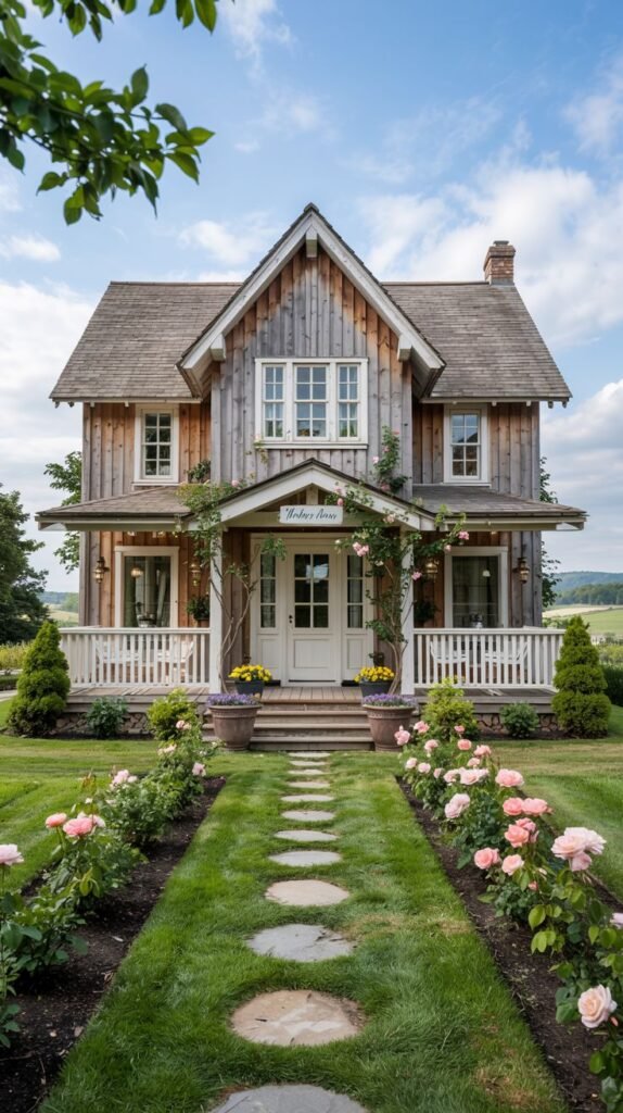 A wooden house, styled as a farmhouse or large cottage, with a white-railed covered porch, climbing roses around the entrance, a stone path, and beds of pink roses leading to the house. It has a strong traditional cottage or farmhouse aesthetic, possibly a modern interpretation.