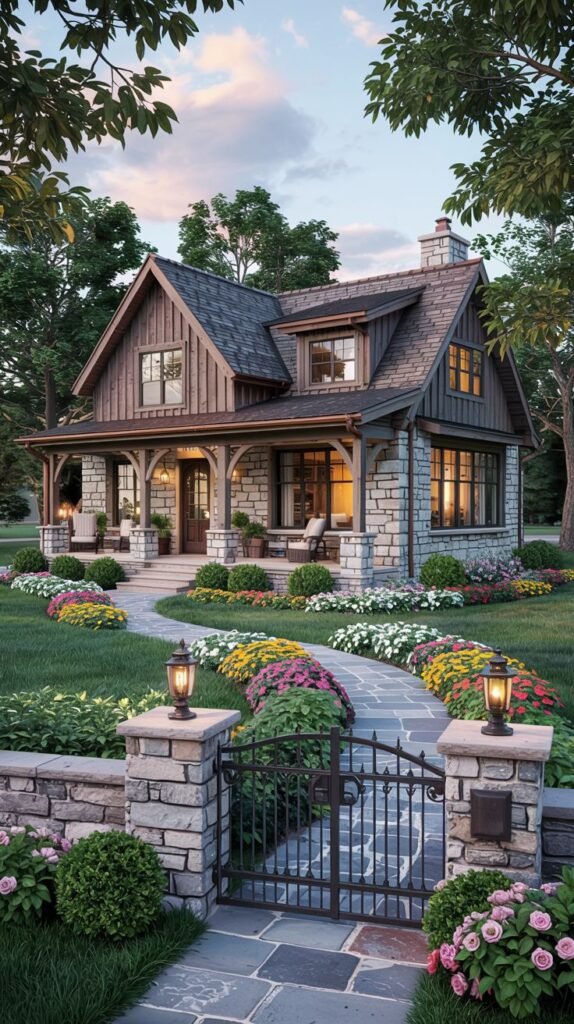A charming house built with a combination of stone and wood, resembling a cozy cottage or small farmhouse, featuring a covered porch with outdoor seating, a stone wall and decorative metal gate, surrounded by colorful, abundant flower gardens. This image combines traditional materials with a modern landscape presentation.