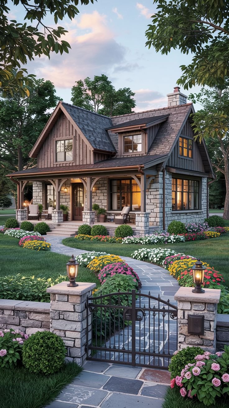 A charming house built with a combination of stone and wood, resembling a cozy cottage or small farmhouse, featuring a covered porch with outdoor seating, a stone wall and decorative metal gate, surrounded by colorful, abundant flower gardens. This image combines traditional materials with a modern landscape presentation.