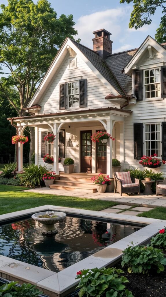 A white house, appearing as a farmhouse or country cottage, with dark shutters, a covered porch featuring hanging red flowers, and a modern square fountain in the foreground, blending traditional elements with modern outdoor design.