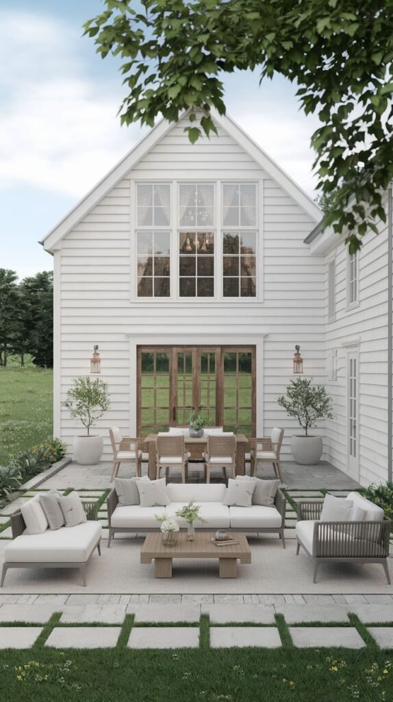 A large white house, resembling a spacious farmhouse or country cottage, with large windows and a gable roof, featuring a large modern stone patio with ample outdoor living and dining furniture.