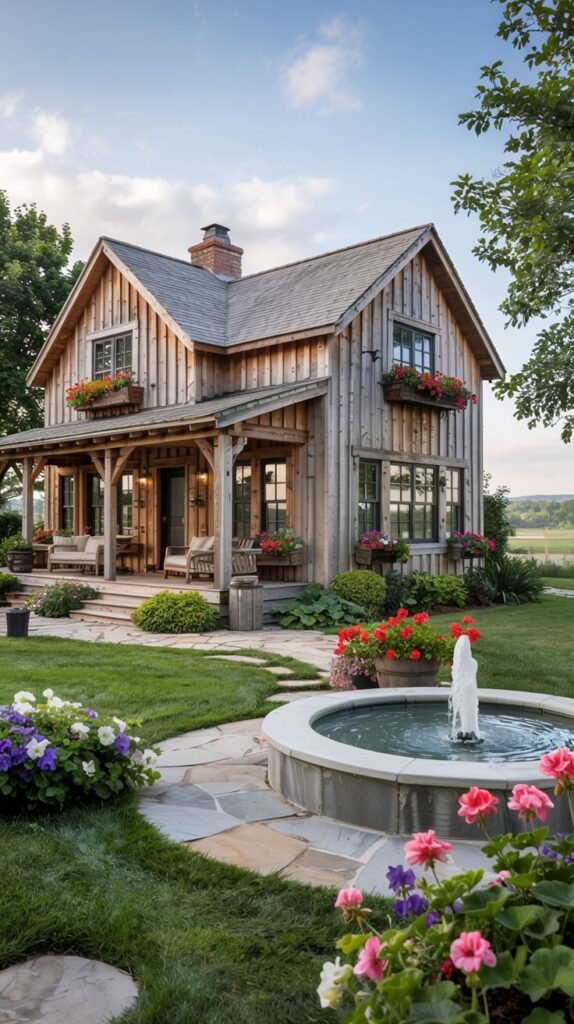 A wooden house, like a rustic cottage or small farmhouse, with a covered porch, window boxes, outdoor seating, and a circular fountain surrounded by vibrant flower gardens, creating a picturesque scene with a blend of traditional and modern garden elements.