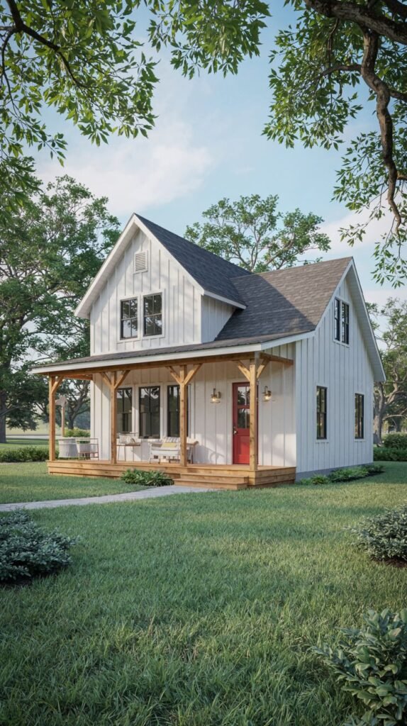 A simple white house, potentially a modern farmhouse or cottage design, with a red door, covered porch supported by wooden posts, and outdoor seating, set on a grassy lawn.