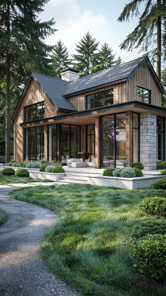 A modern house with large glass windows and a mix of wooden and stone cladding, featuring a covered patio with minimalist outdoor seating, set amongst pine trees. While primarily modern, the use of natural materials and the gable roof could subtly nod towards farmhouse or cottage material palettes.