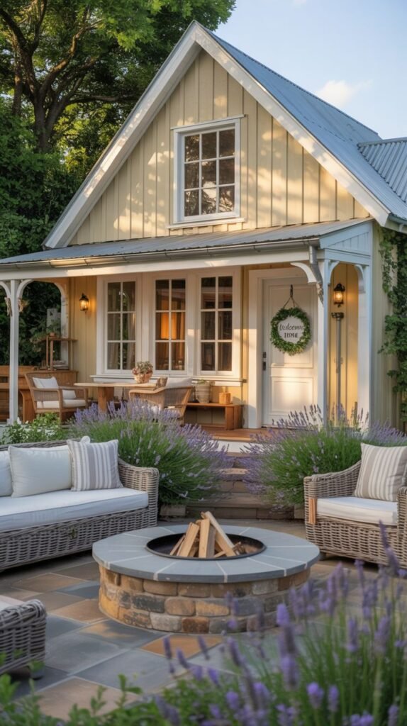 A yellow cottage or small farmhouse with a covered porch, featuring a modern outdoor seating area centered around a stone fire pit, surrounded by lavender and other flowers, with a "Welcome Home" wreath on the door, presenting a cozy blend of traditional cottage style and modern outdoor living.