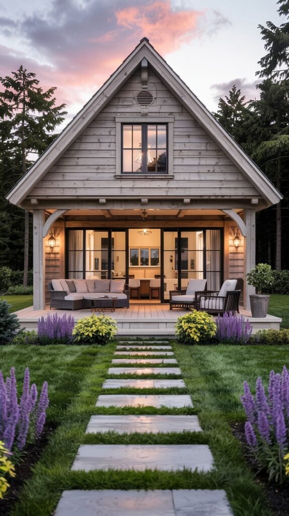 A cozy wooden cottage with a gable roof and a covered porch, featuring modern outdoor seating and a stone path through a lush green lawn and purple flowers. This structure embodies a blend of cottage charm and potential farmhouse influences in its architecture.