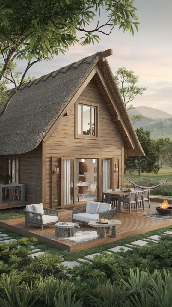 A rustic wooden cottage with a distinctive thatched roof, featuring a modern wooden deck furnished with outdoor seating and a dining area, complete with a fire pit and a hammock, blending traditional cottage style with modern outdoor amenities. Potential influences of farmhouse simplicity are also visible.