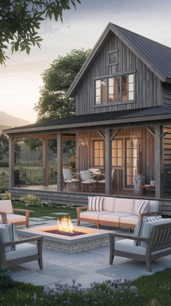 A rustic wooden house, either a farmhouse or a large cottage, with a covered porch, featuring a stone patio with modern outdoor seating arranged around a fire pit.