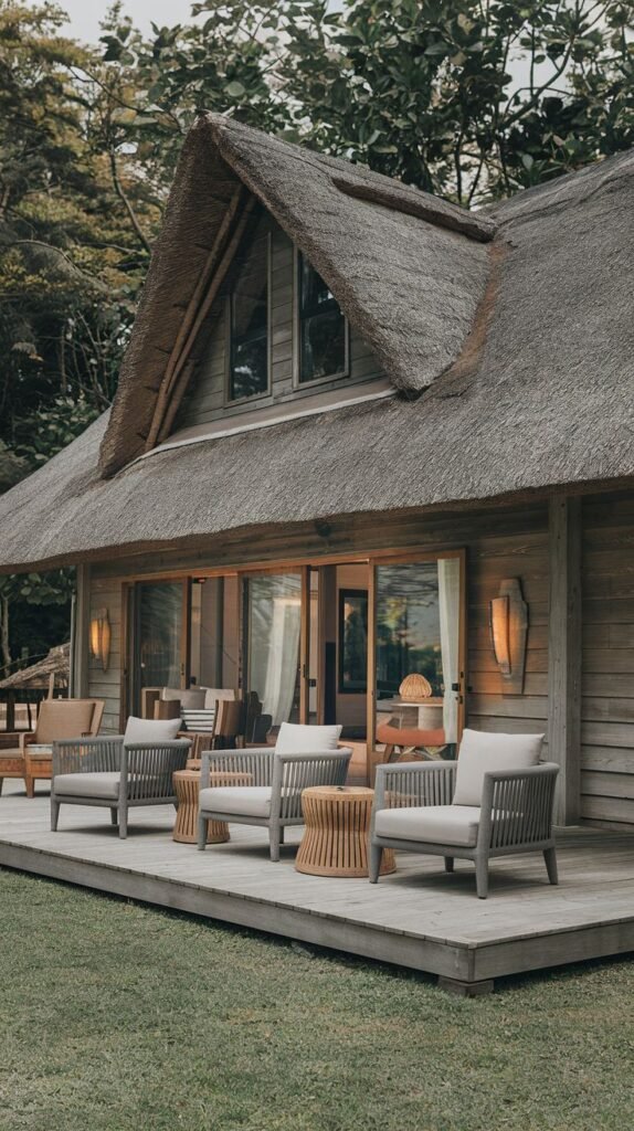 A wooden building with a prominent thatched roof, appearing as a rustic cottage, featuring a modern wooden deck with various outdoor seating arrangements. This image highlights the blend of traditional roof style with modern deck design.
