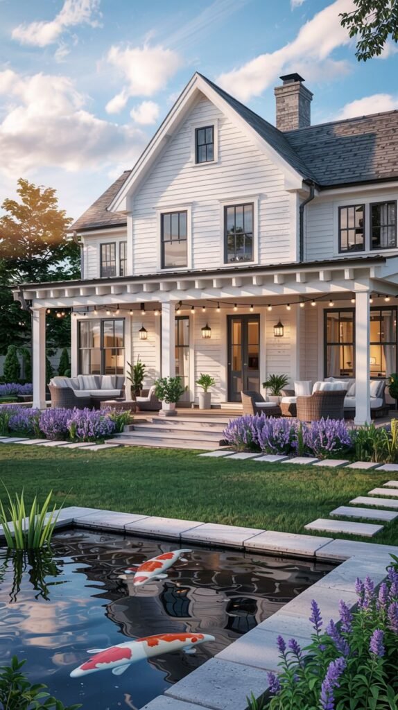 A large white house, typical of a farmhouse or expansive cottage, with a covered patio featuring modern outdoor seating, a stone path leading to a pond with koi fish, and vibrant purple flowers, showcasing modern landscape design around a traditional structure.
