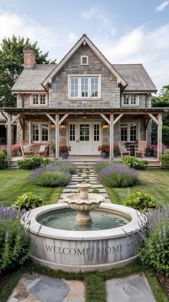 A charming stone cottage or small farmhouse with a covered porch supported by wooden posts, featuring outdoor chairs, a stone path leading to a large stone fountain engraved with "WELCOME HOME," surrounded by purple flowers. The design is traditionally inspired but potentially a modern build.