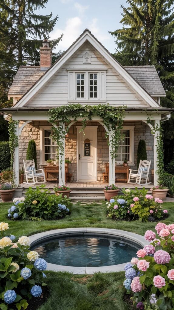 A small stone cottage with a covered porch draped in vines, featuring rocking chairs and a small circular pool or water feature, set within vibrant flower gardens, highlighting the whimsical cottage aesthetic with a potentially modern water element. It captures a traditional cottage feel.