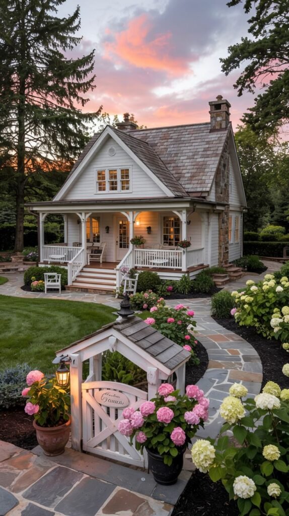 A picturesque white cottage with stone accents and a multi-gabled roof, featuring a covered porch, winding stone path, and a small gate with a "Welcome Home" sign, surrounded by abundant and colorful flower gardens, representing a blend of traditional cottage and modern garden design. Elements of a tiny farmhouse could also be seen.