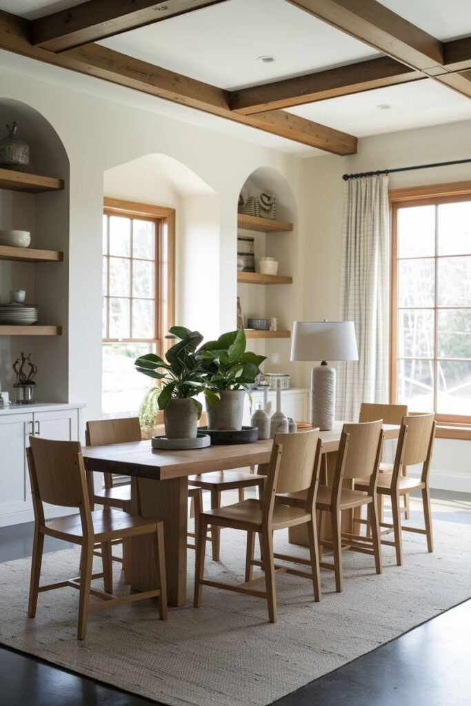 A modern farmhouse dining room highlights a wooden table with a solid base, wooden chairs, built-in shelving with arches, and exposed ceiling beams.