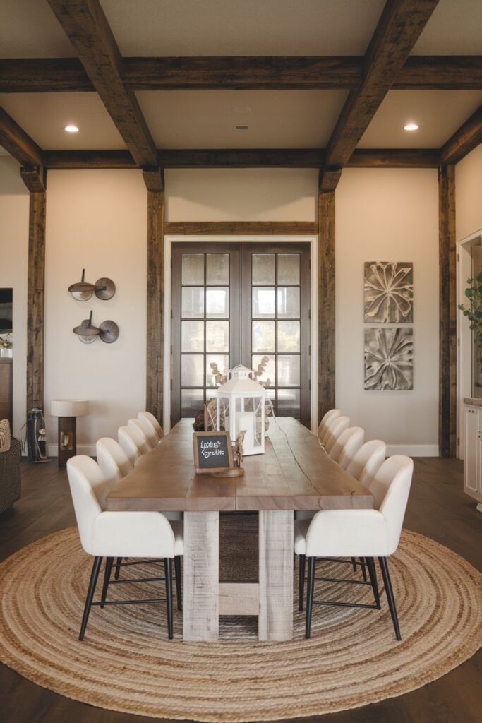 A modern farmhouse dining room features a large rustic wooden table, upholstered chairs, exposed ceiling beams and posts, and a round woven rug.