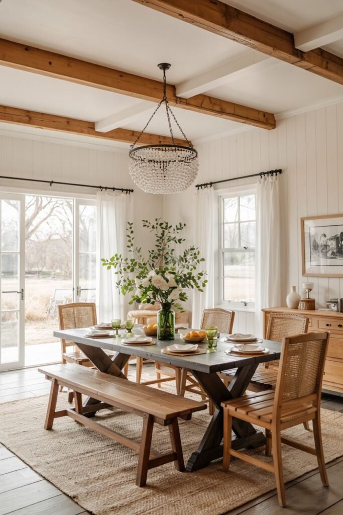 A bright modern farmhouse dining room with a wooden trestle table, chairs with cane backs, a bench, exposed ceiling beams, and a crystal bead chandelier.