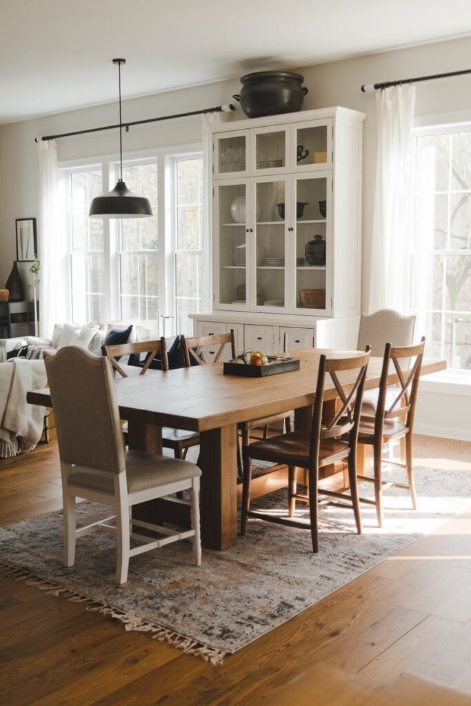 A modern farmhouse dining room includes a wooden table, upholstered chairs, a pendant light, and a white display cabinet.