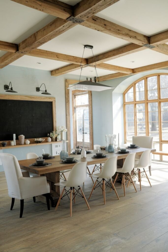 A large modern farmhouse dining room with a long wooden table, white chairs, exposed ceiling beams, a large arched window, and a chalkboard wall.