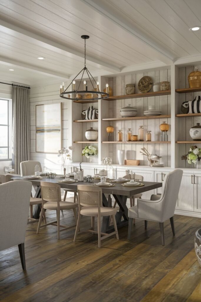 A modern farmhouse dining room includes a wooden trestle table, upholstered and cane chairs, exposed ceiling beams, and built-in shelving.