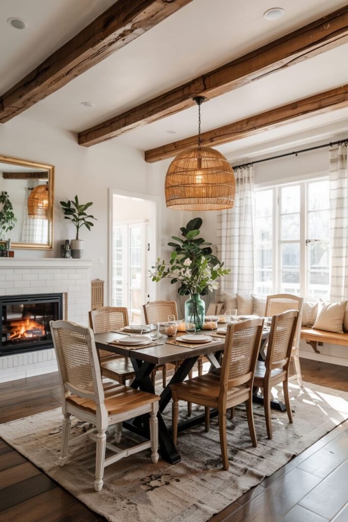 A modern farmhouse dining room with a wooden trestle table, wooden and cane chairs, exposed ceiling beams, a woven pendant light, and a fireplace.