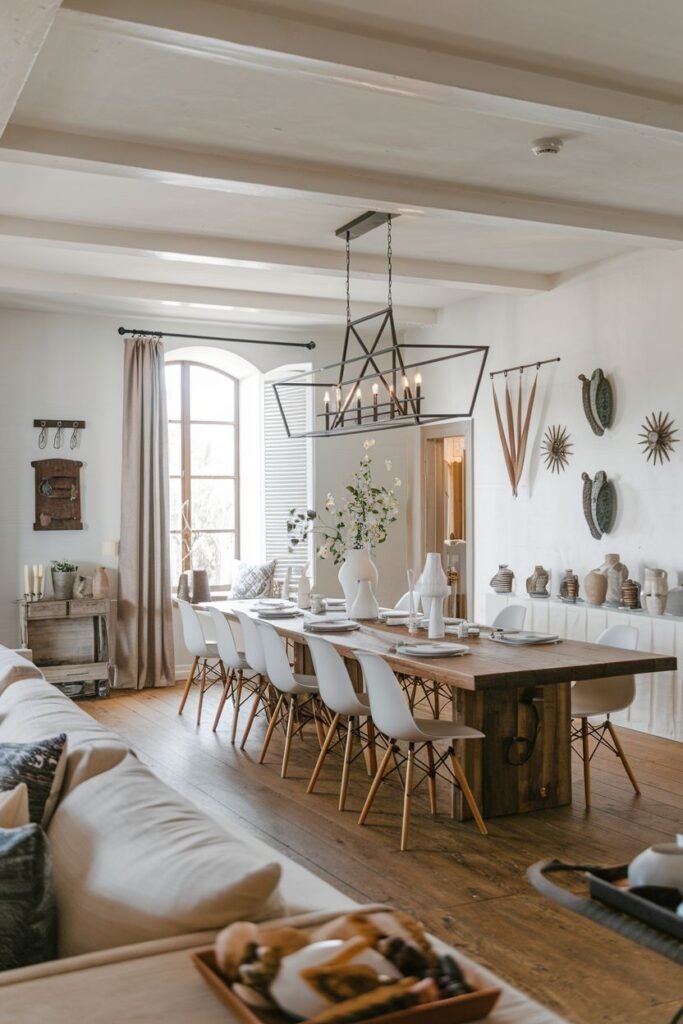 A modern farmhouse dining room showcases a long wooden table, white chairs, exposed ceiling beams, and decorative wall elements.