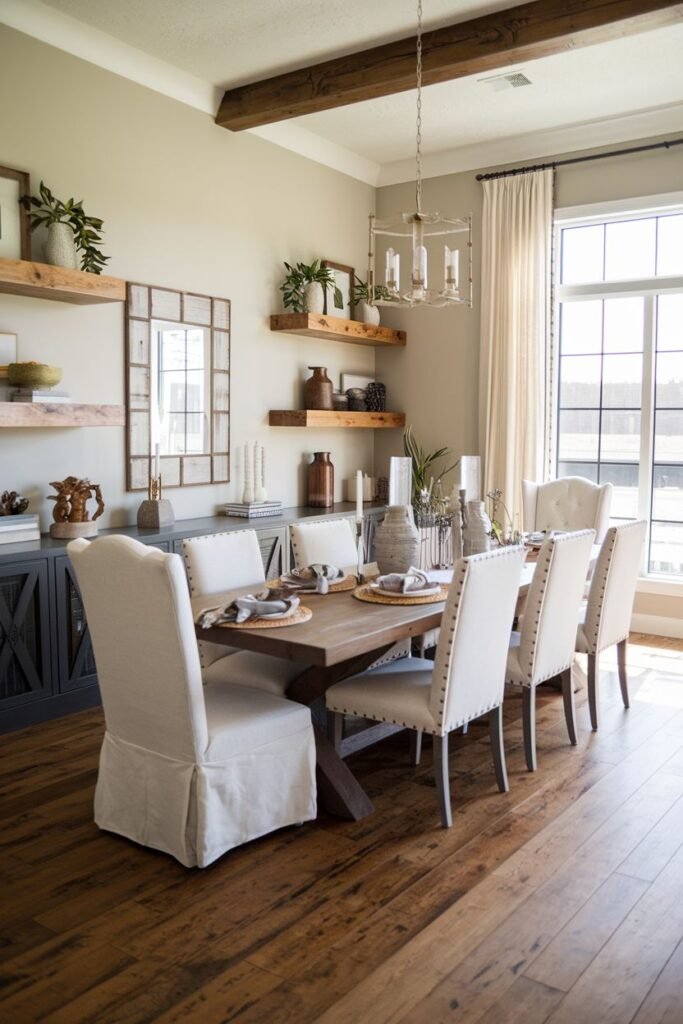 A modern farmhouse dining room featuring a wooden trestle table, upholstered chairs, exposed ceiling beams, floating shelves, and a mirror.