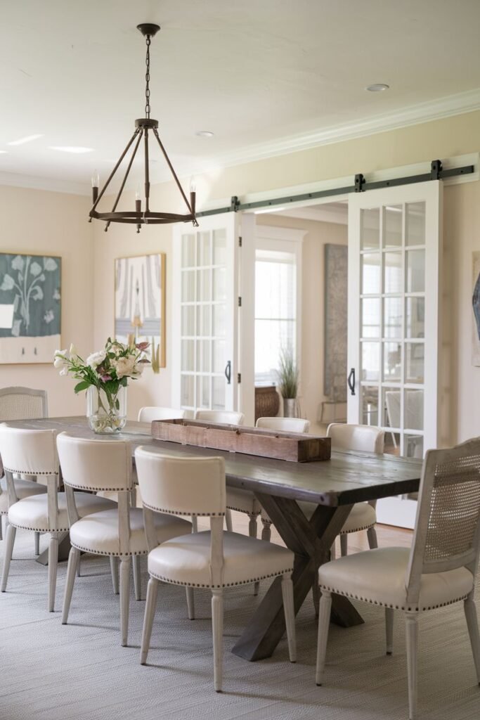 A modern farmhouse dining room with a wooden table, upholstered chairs, a simple chandelier, and barn doors leading to another room.