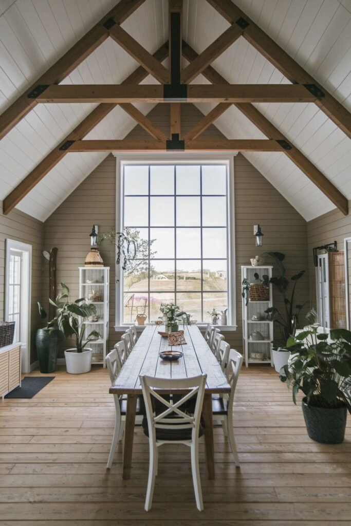 A modern farmhouse dining room with a wooden table, white wooden chairs, exposed ceiling beams with trusses, a large window, and built-in shelving.