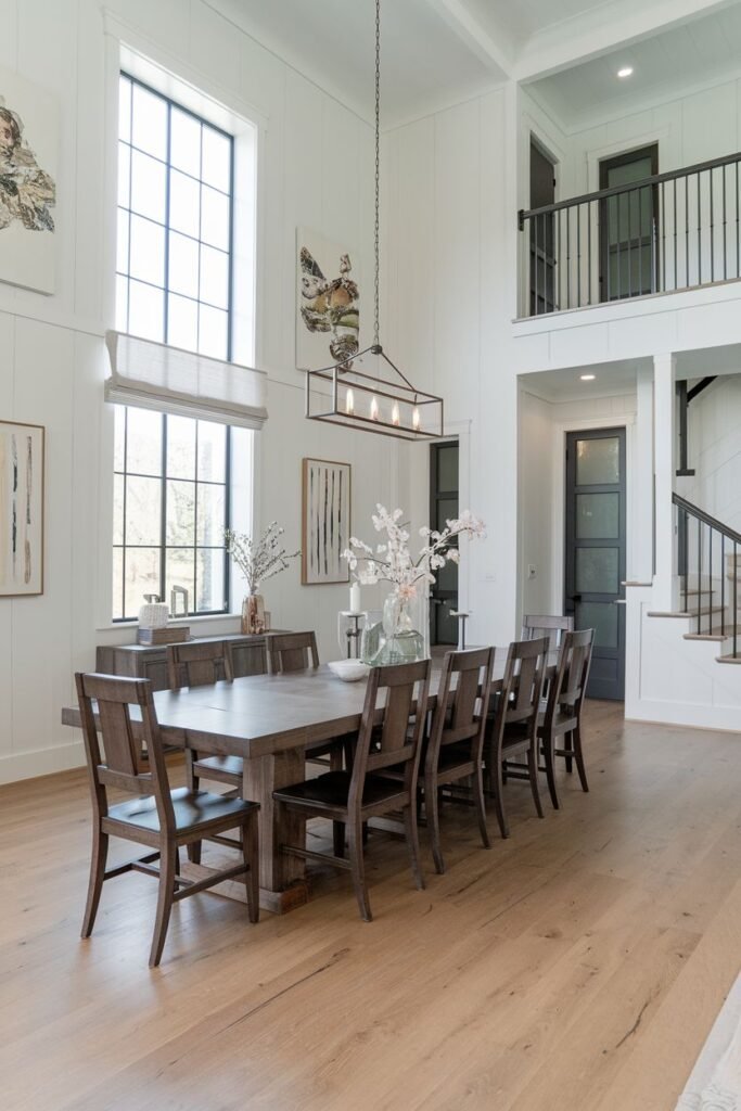 A modern farmhouse dining room featuring a dark wooden table, dark wooden chairs, a large linear chandelier, high ceilings, and artwork.