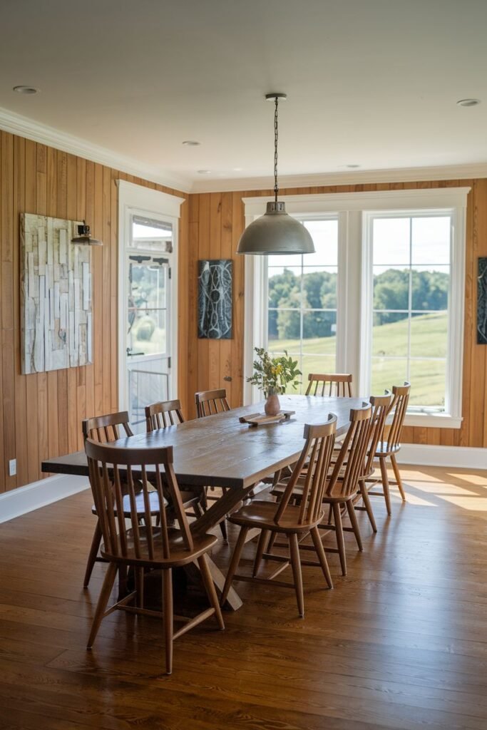 A modern farmhouse dining room with a wooden trestle table, wooden chairs, wooden plank walls, large windows, and a pendant light.