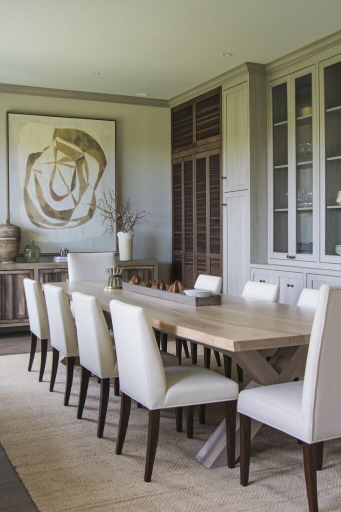 A modern farmhouse dining room with a large wooden table, upholstered chairs, built-in cabinetry, and abstract artwork.