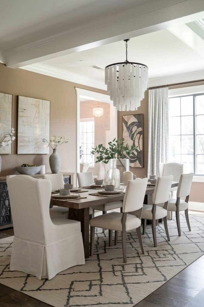 A modern farmhouse dining room featuring a rectangular wooden table, cream upholstered chairs, a patterned rug, and a multi-tier chandelier.
