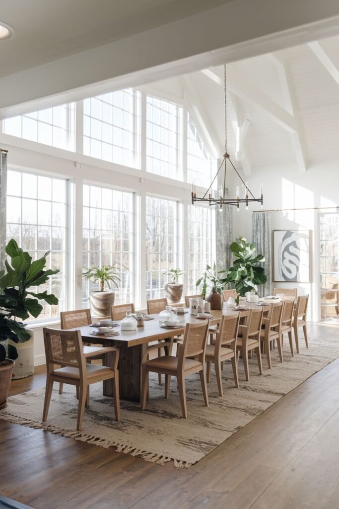 A spacious modern farmhouse dining room features a large wooden table, wooden chairs with cane backs, a rug, and large windows.