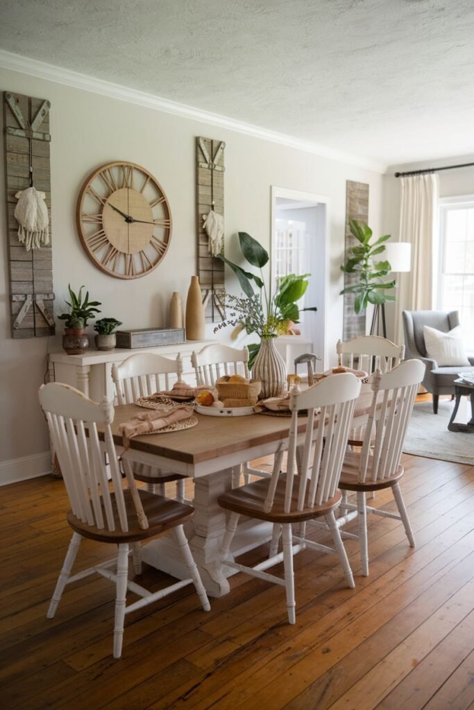 A modern farmhouse dining room with a wooden table featuring a white base, white wooden chairs, a large wall clock, and decorative wall panels.