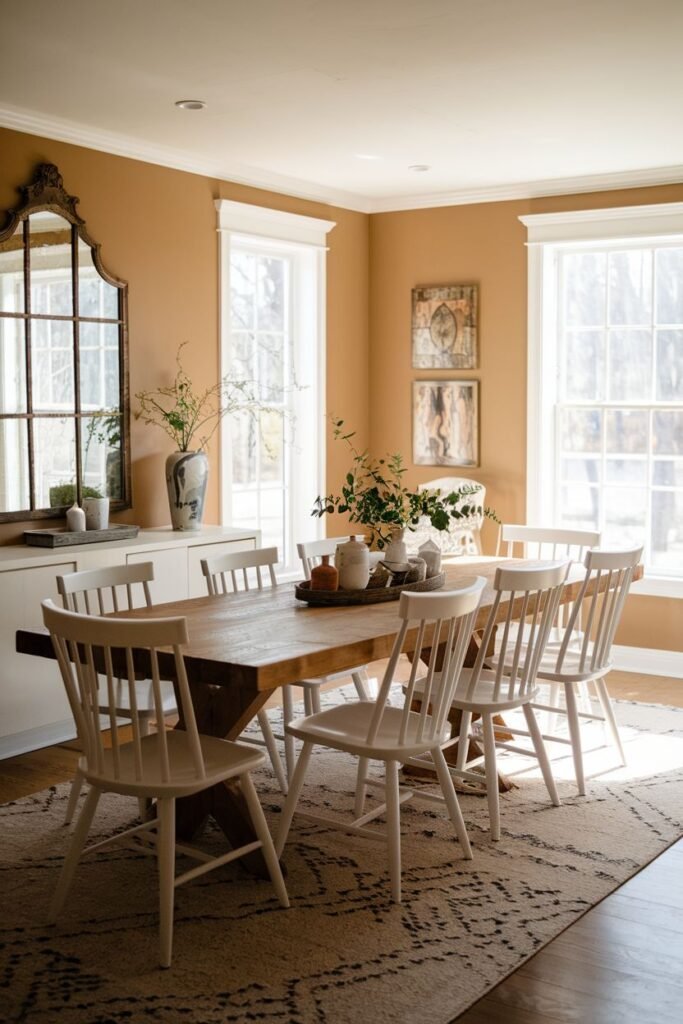 A modern farmhouse dining room displays a wooden table, white wooden chairs, a large mirror, and artwork against a warm-toned wall.