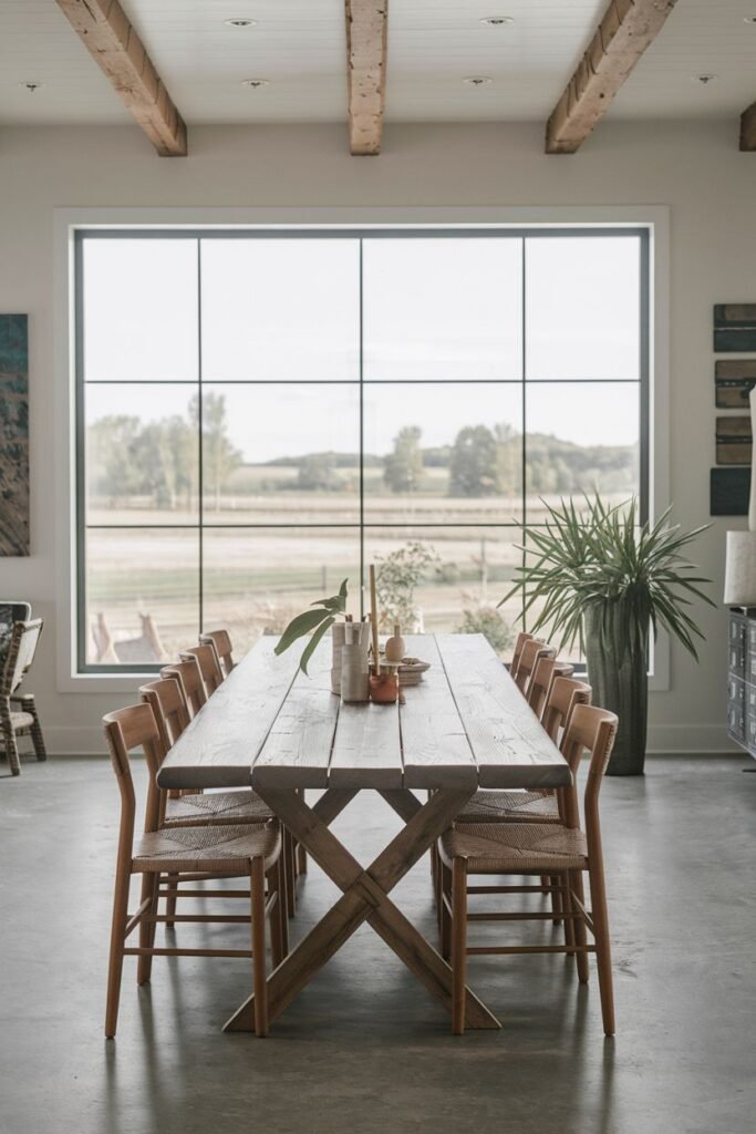 A modern farmhouse dining room includes a long wooden trestle table, chairs with woven seats, exposed ceiling beams, and a large window overlooking a landscape.